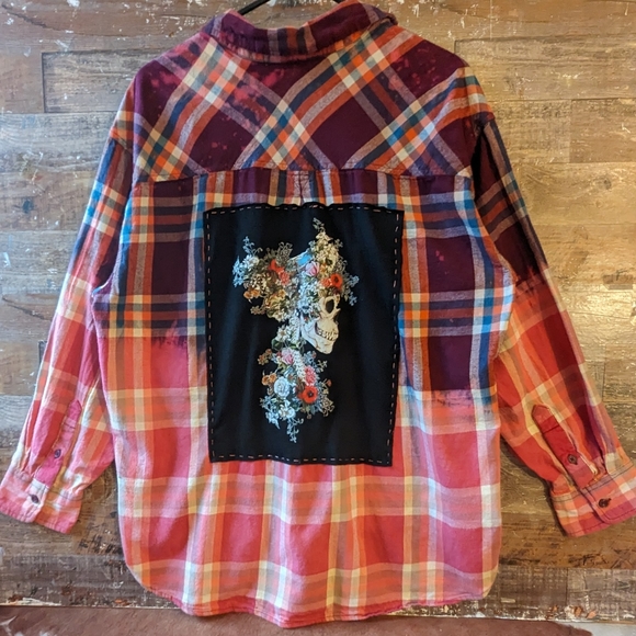 Hand Crafted Tops - Sale! New Upcycled Handcrafted Dip Dyed Bleached Flannel Shirt With Floral Skull